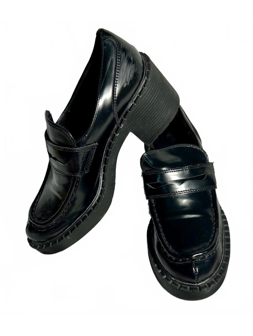 H&M Women’s Black Glossy Goth Grunge Chunky Heel Penny Loafers Lug Sole US 8